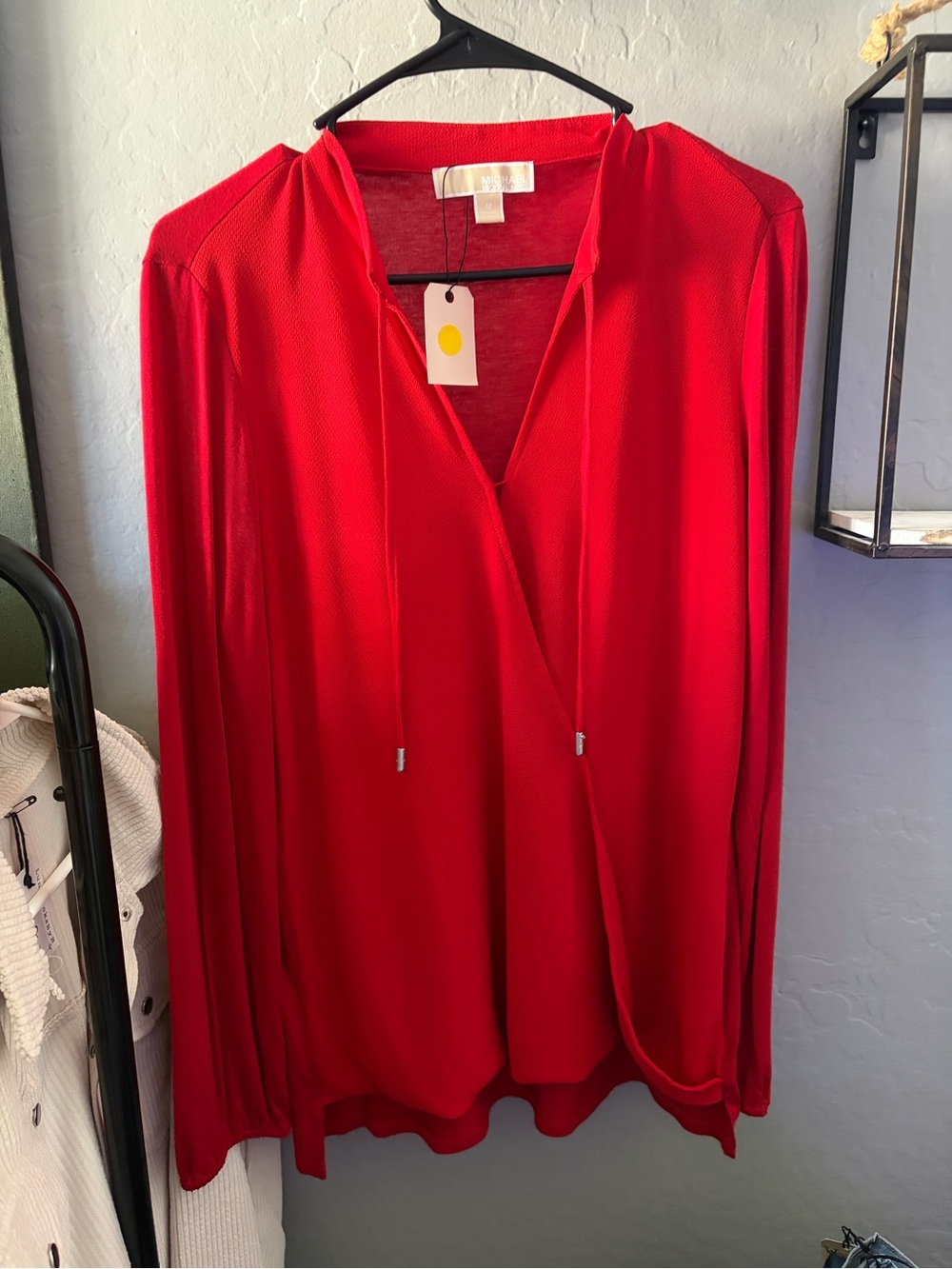 Michael Kors Red V-Neck Tie-Front Long Sleeve Blouse